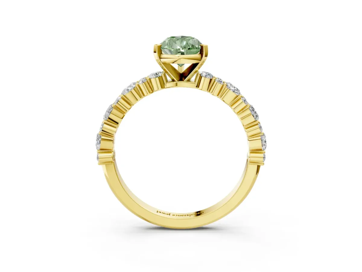 Fancy Green Pear Cut Diamond Side Stone Solitaire Ring with Round and Four-Prong Setting Yellow gold