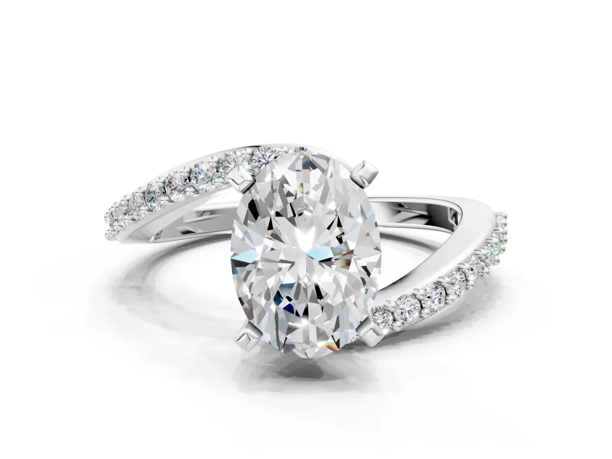 Oval Cut Solitaire Twist Band with Pave Set Diamonds and Four-Prong Setting Platinum