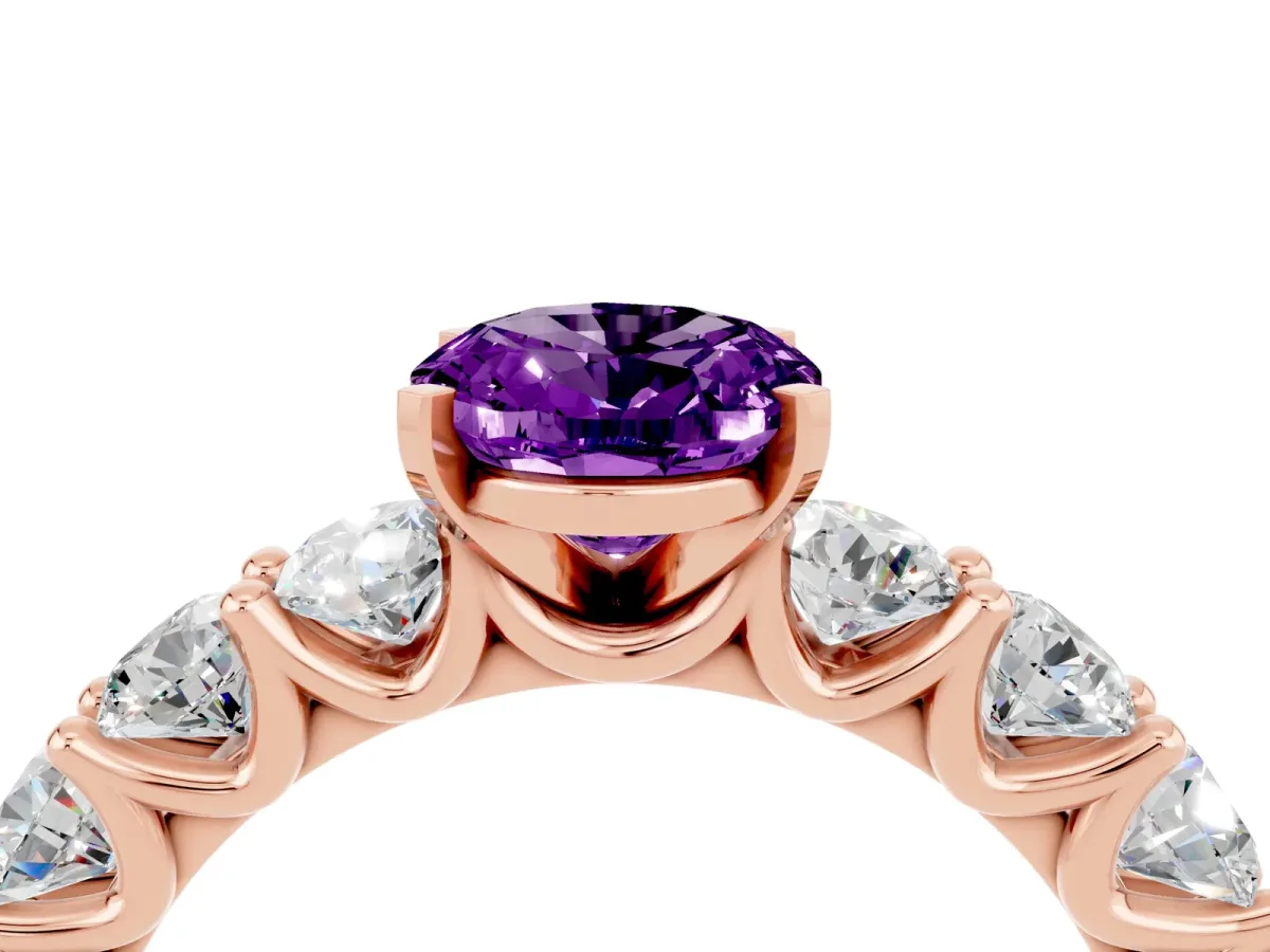 Oval Cut Amethyst Prong Setting with Side Stones on a Pave Band Rose gold