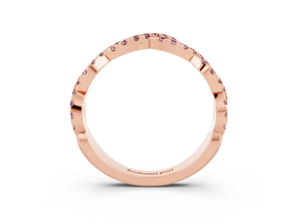 Round Morganite Twisted Eternity Band with Pavé and Shared Prong Setting Rose gold