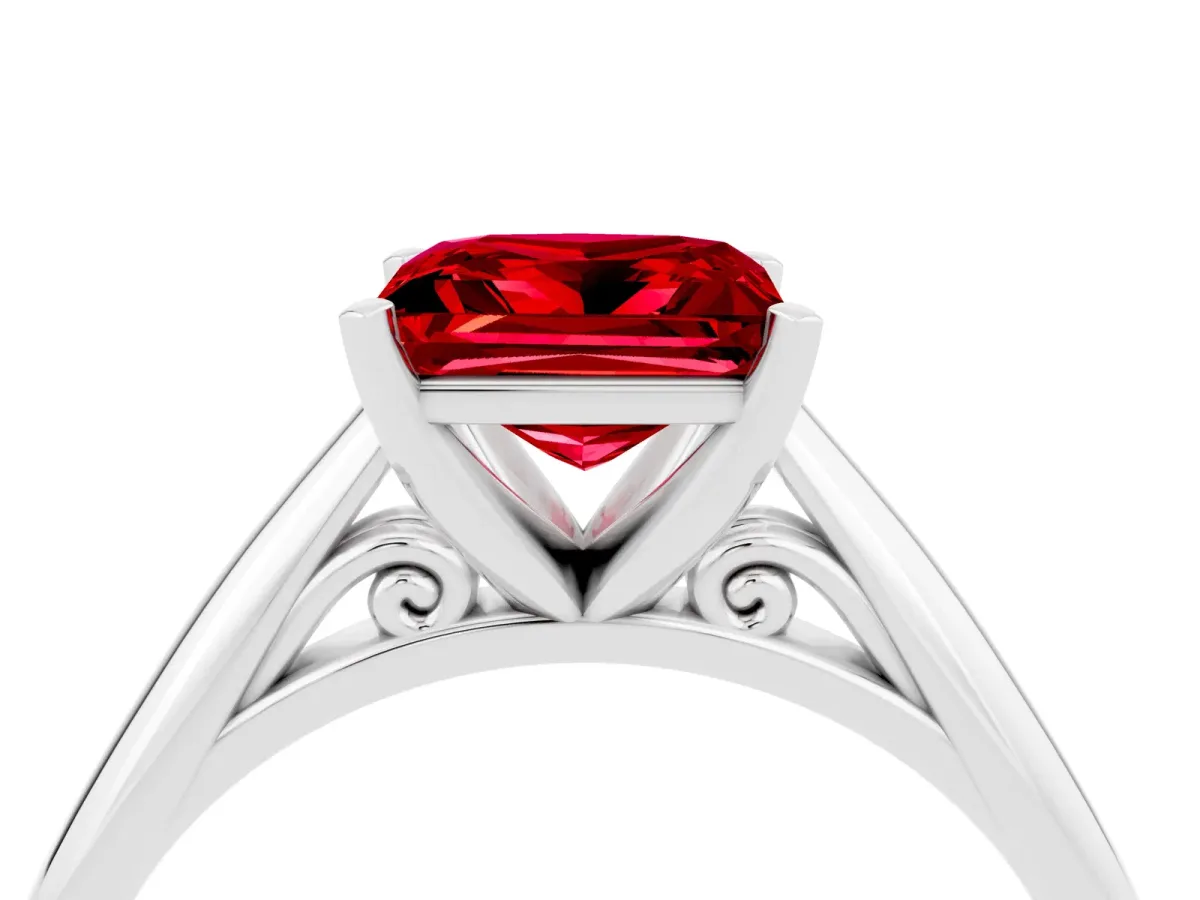 Princess Cut Ruby Solitaire Engagement Ring with Cathedral Setting and Four-Prong Mount White gold