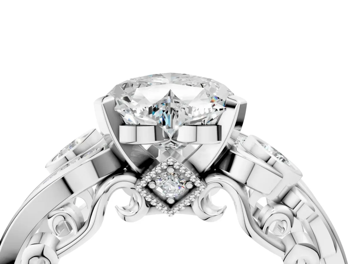 Heart Cut Diamond Solitaire Ring with Milgrain Pavé Band and Four-Prong Setting Silver