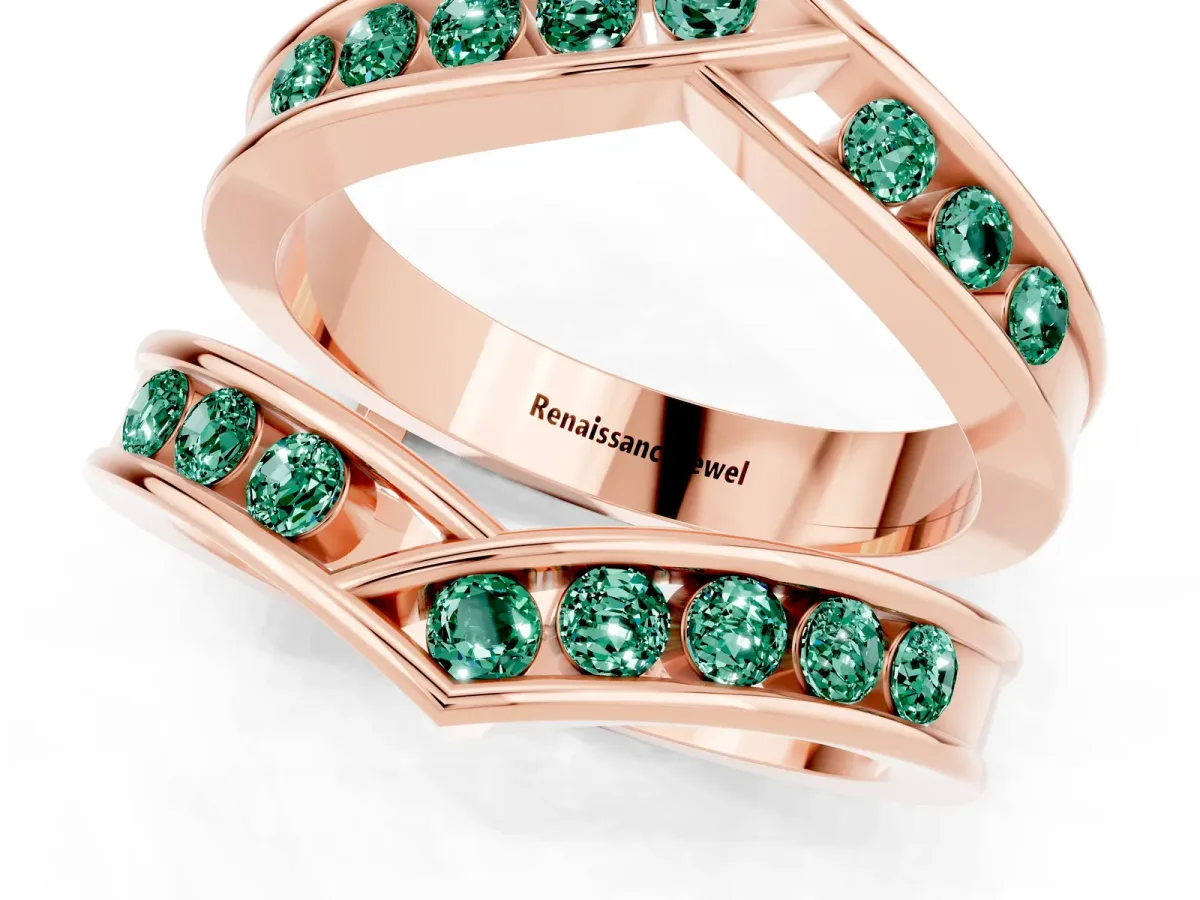 Round Green Sapphire Channel-Set Chevron Band Rose gold