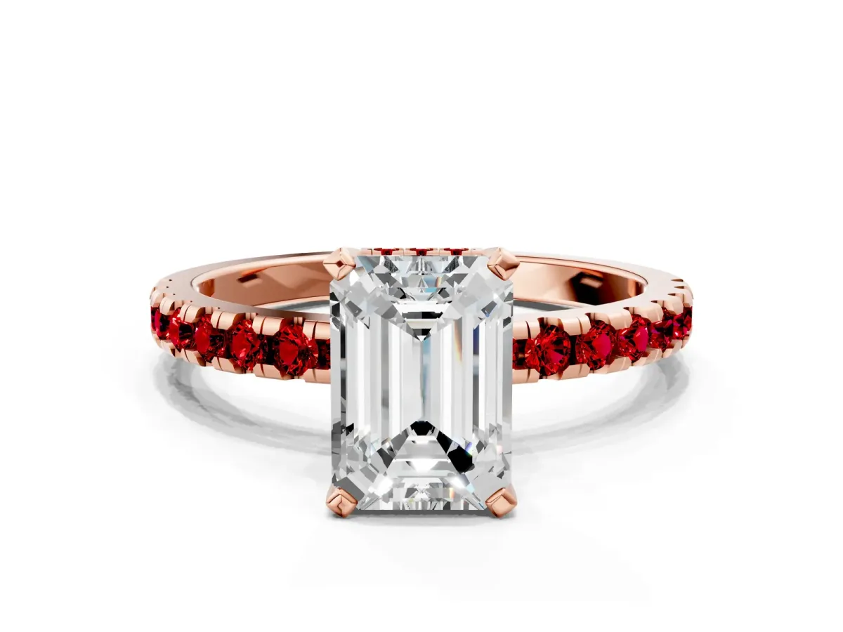 Emerald Cut Diamond Solitaire Ring with Round Ruby Pavé Band and Four-Prong Setting Rose gold