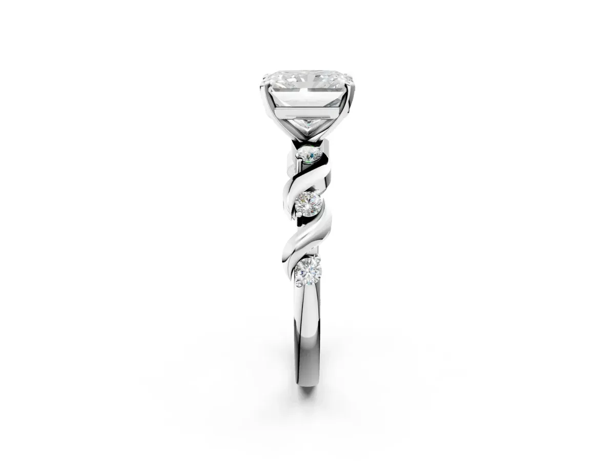 Radiant Cut Diamond Solitaire Twisted Band with Round Accents and Prong Setting Silver