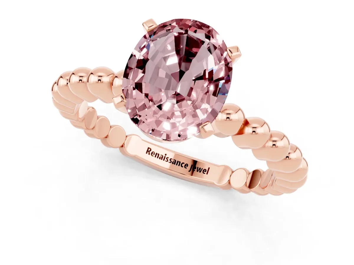 Oval Cut Morganite Solitaire Ring with Beaded Band and Prong Setting Rose gold
