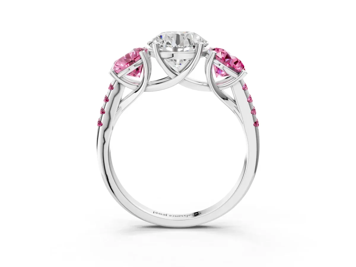 Three-Stone Round Cut Diamond Ring with Round Pink Sapphire Pavé Band and Prong Setting Silver