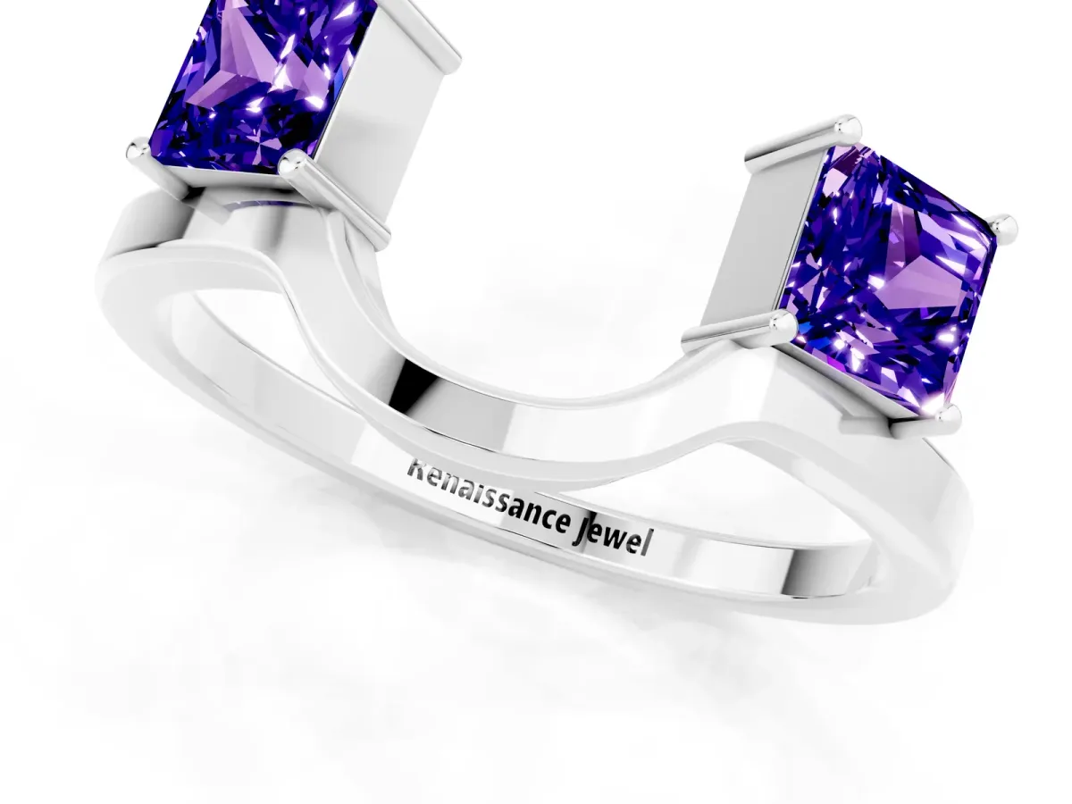 Princess Cut Tanzanite Two-Stone Open Band Ring with Four-Prong Setting Silver