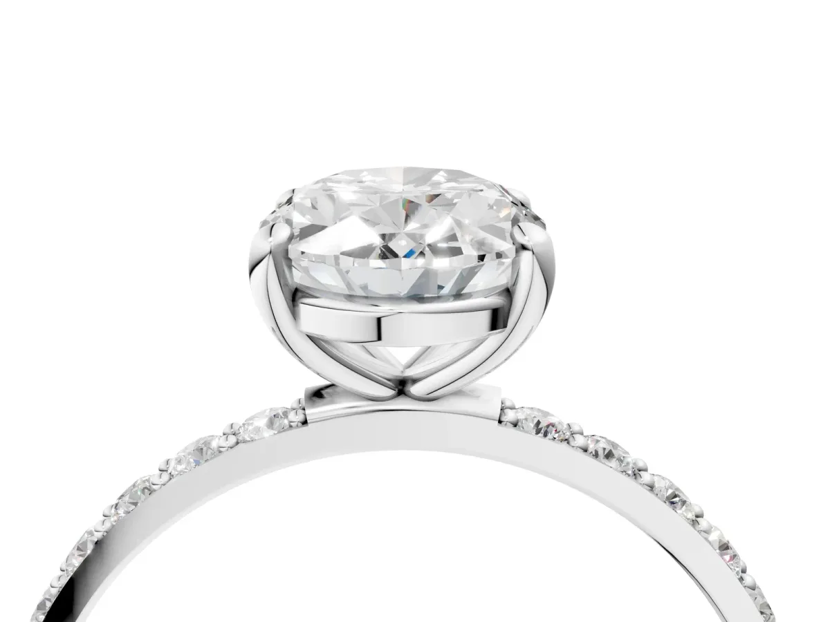 Oval Cut Diamond Solitaire Ring with Round Moissanite Pavé Band and Prong Setting Silver