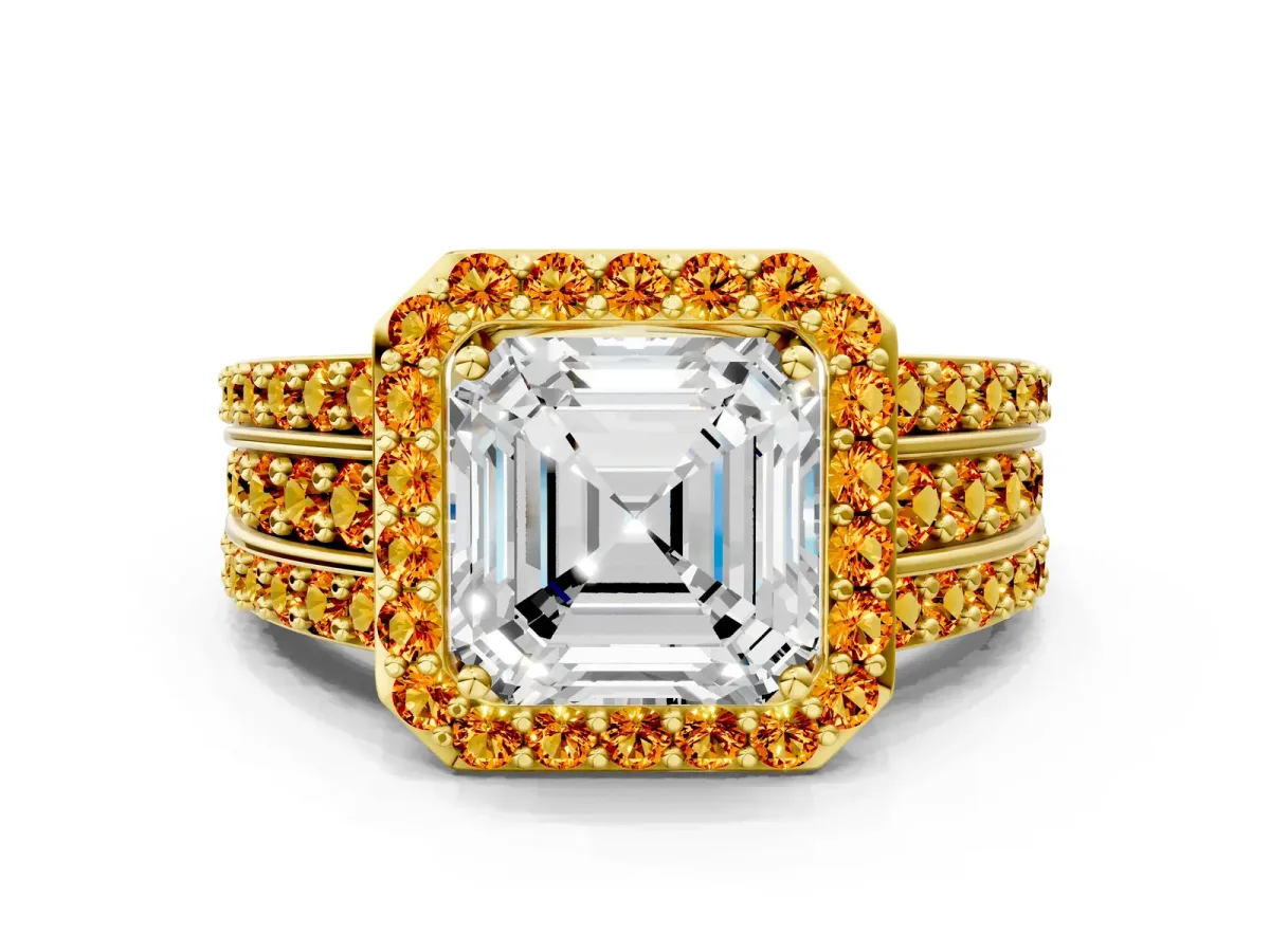 Asscher Cut Halo Diamond Ring with Round Citrine Split Shank and Prong Setting Yellow gold