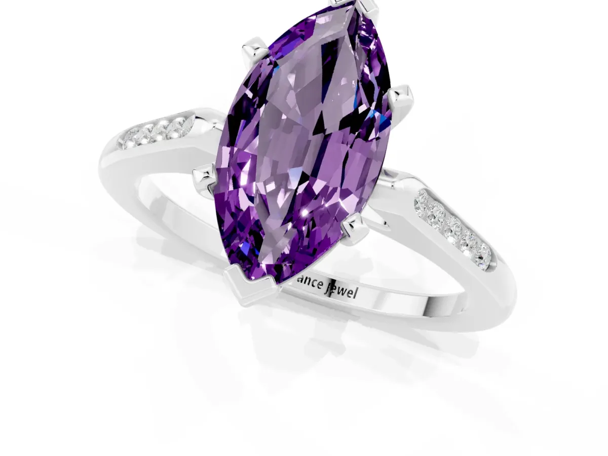 Marquise Cut Amethyst Solitaire Ring with Channel Set Round Band and Prong Setting Silver