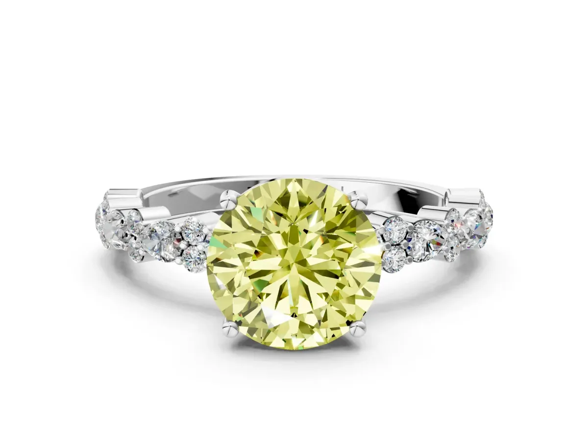 Fancy Yellow Round Cut Diamond Side Stone Solitaire Ring with Round and Four-Prong Setting Silver