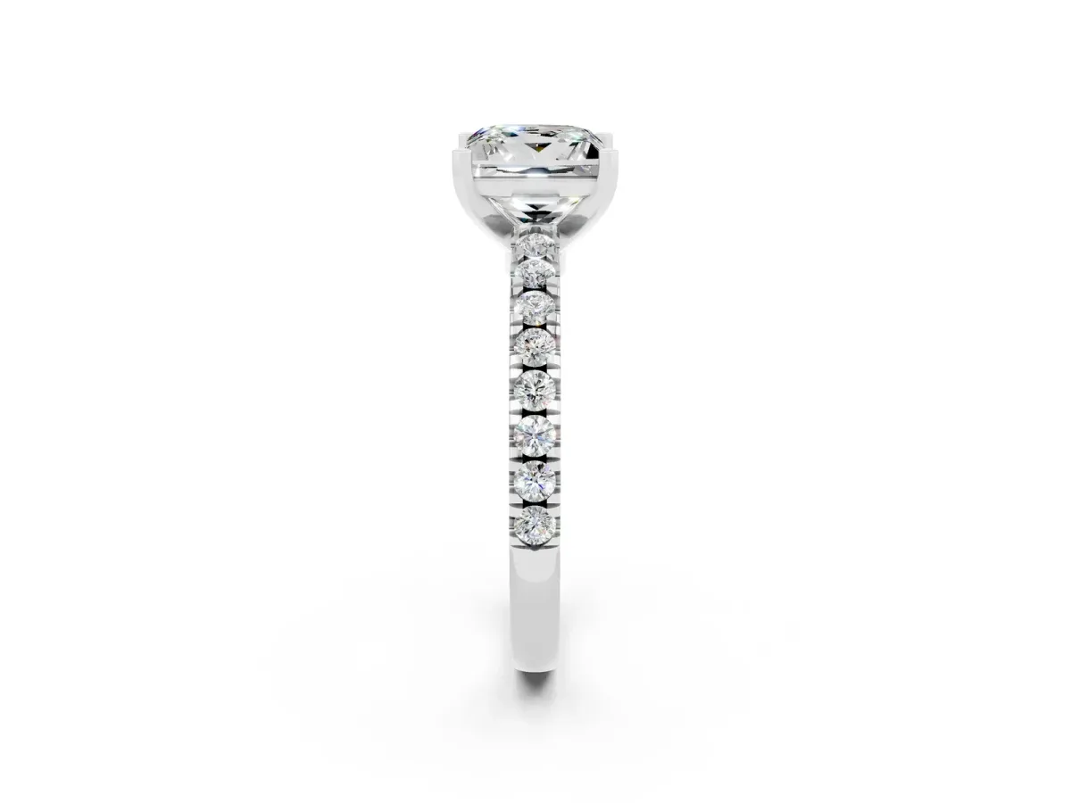 Princess Cut Solitaire Moissanite with Pavé Band and Four-Prong Setting Silver