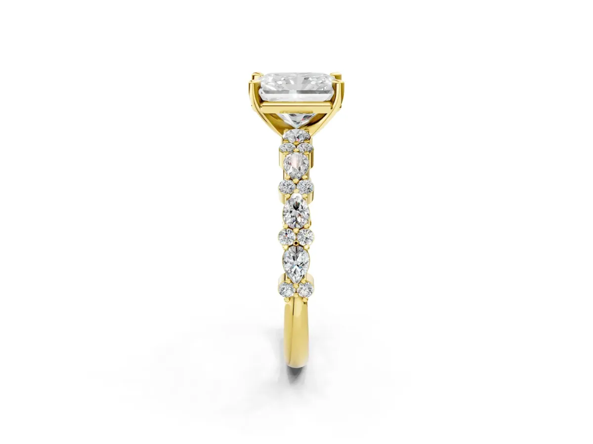 Radiant Cut Diamond Side Stone Solitaire Ring with Round and Four-Prong Setting Yellow gold