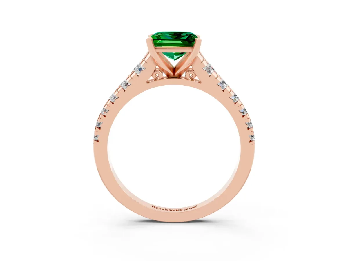 Princess Cut Emerald Cathedral Solitaire Ring with Round Pavé Band Rose gold