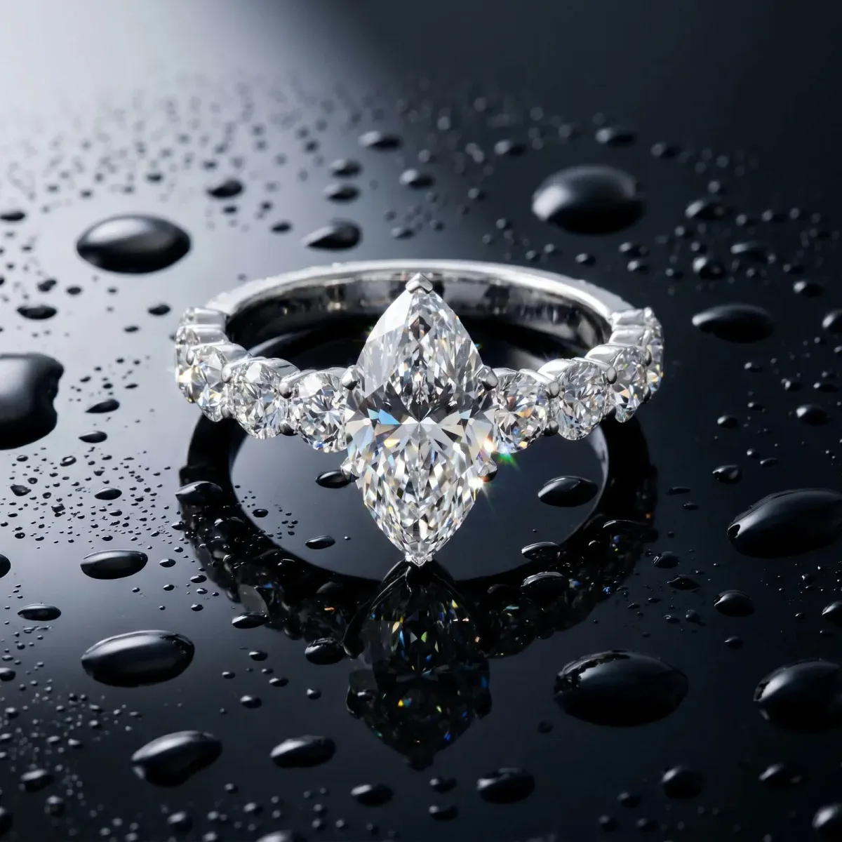 Marquise Cut Diamond Prong Setting with Side Stones on a Pave Band Silver