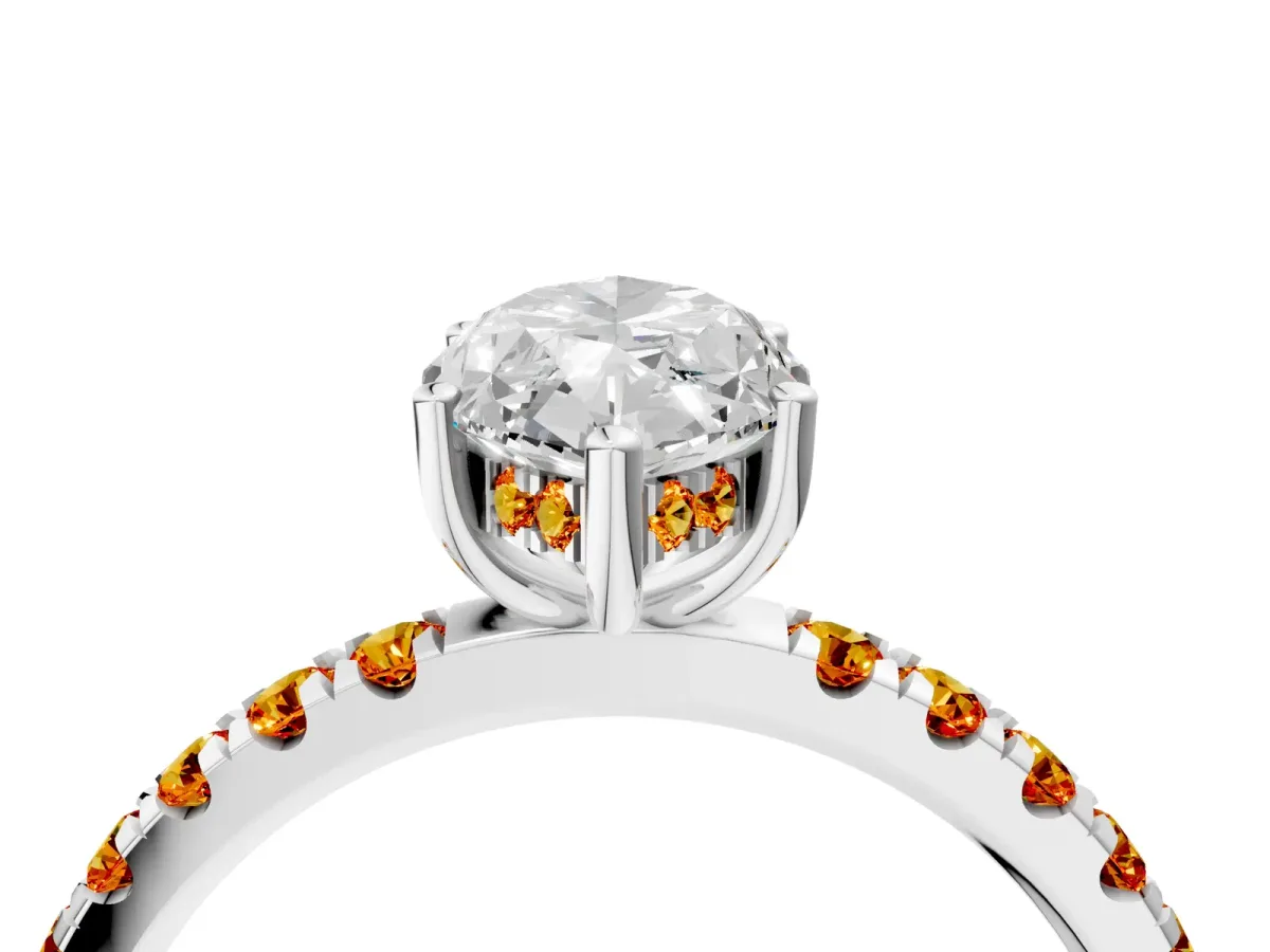Marquise Cut Diamond Pave Band Solitaire Ring with Round Citrine and Prong Setting Silver