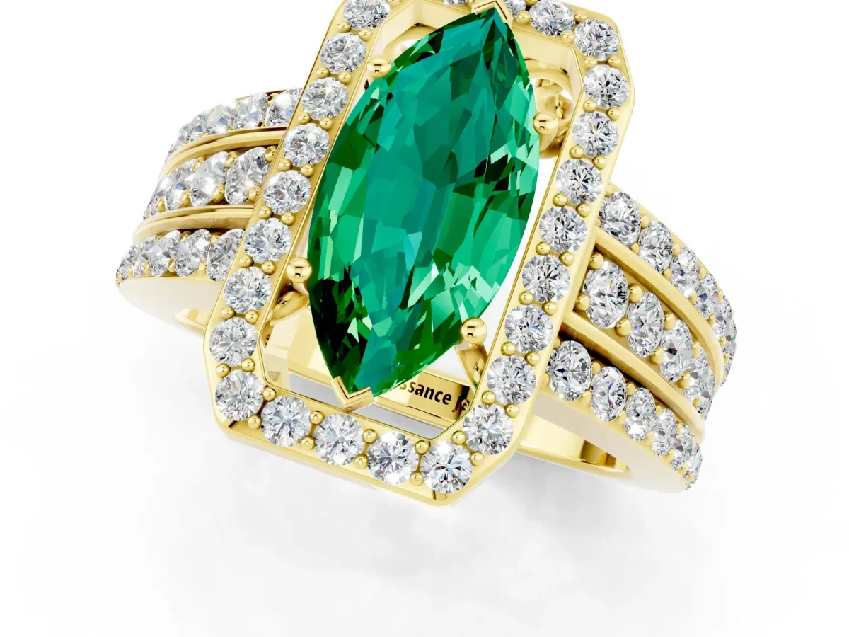 Marquise Cut Halo Emerald Ring with Round Split Shank and Prong Setting Yellow gold
