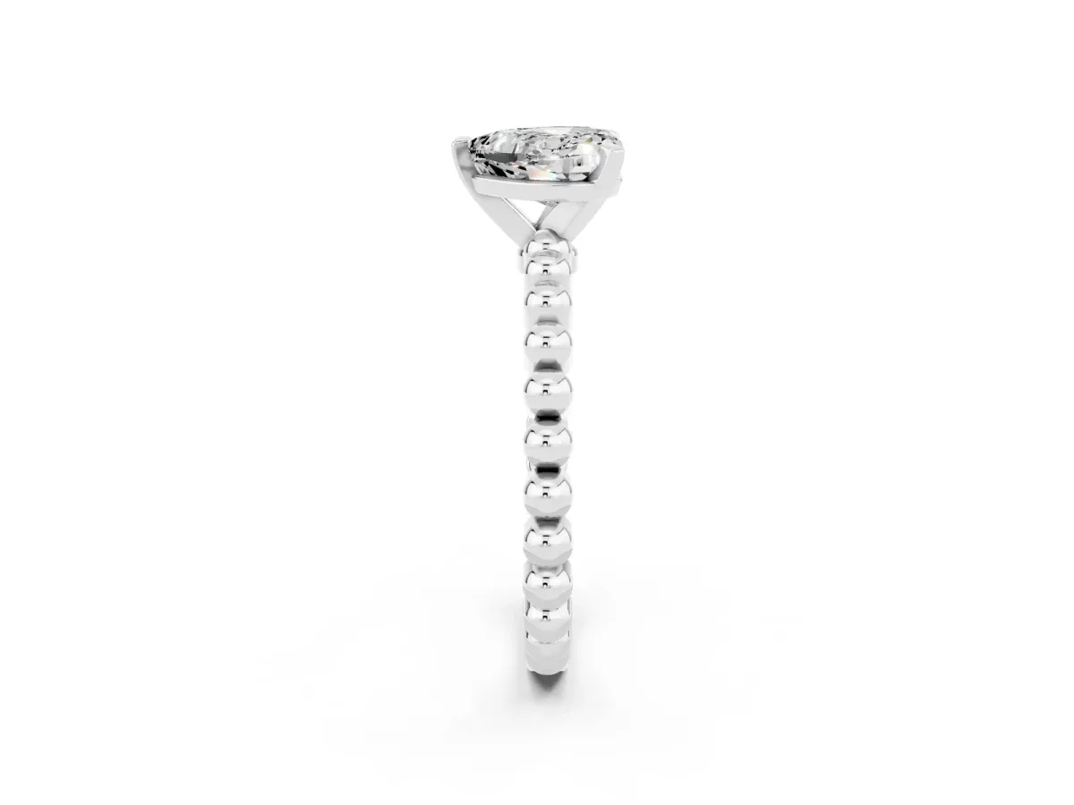 Heart Cut Moissanite Solitaire Ring with Beaded Band and Prong Setting Silver