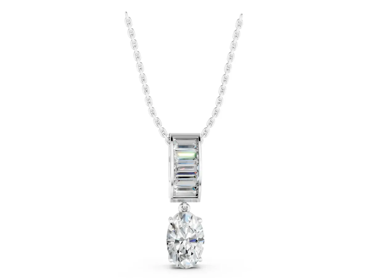 Oval and Baguette Diamond Drop Pendant White gold
