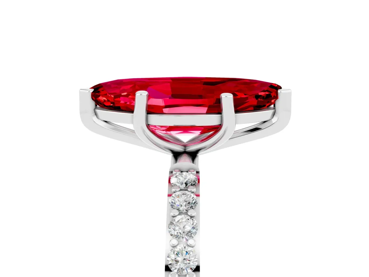 Marquise Cut Ruby Solitaire Ring with Round Pavé Band and Prong Setting White gold
