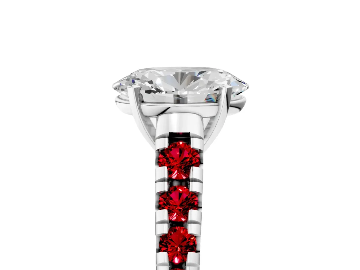 Oval Cut Diamond Cathedral Solitaire Ring with Round Ruby Pavé Band Silver