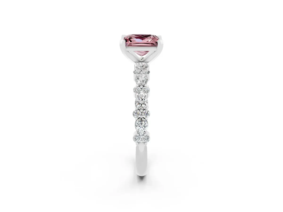 Princess Cut Morganite Side Stone Solitaire Ring with Round and Four-Prong Setting Silver
