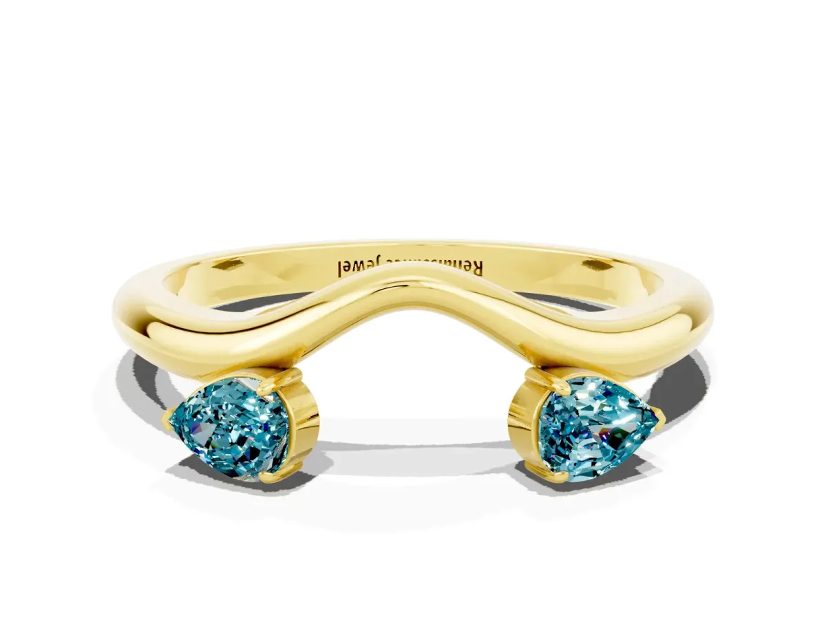 Pear Cut Blue Topaz Two-Stone Open Band Ring with Prong Setting Yellow gold
