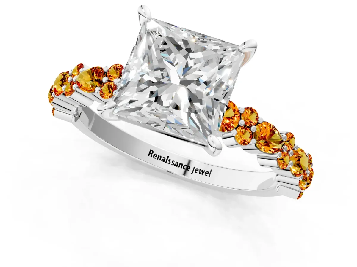 Princess Cut Diamond Side Stone Solitaire Ring with Round Citrine and Four-Prong Setting Platinum