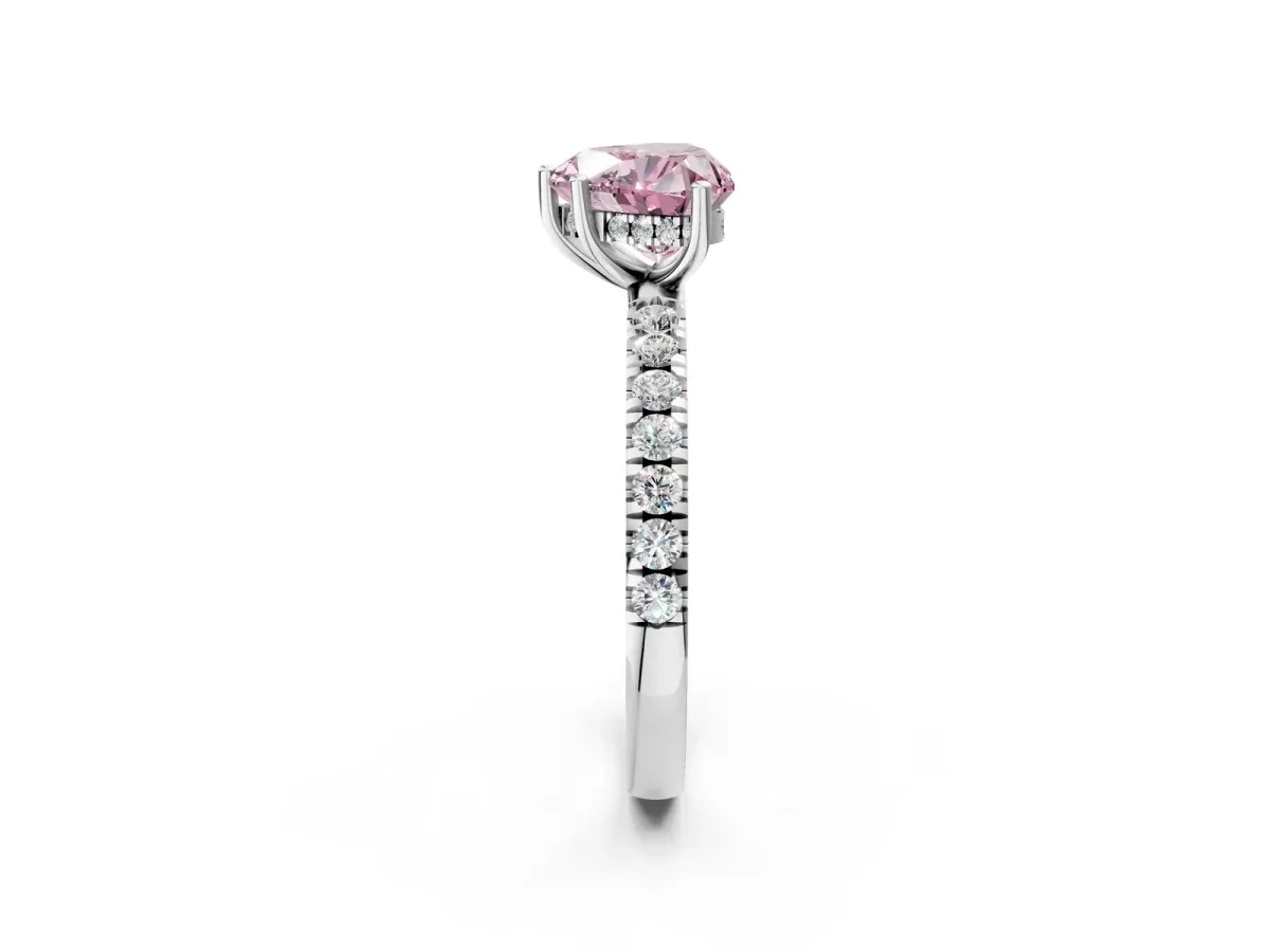 Fancy Pink Heart Cut Diamond Pave Band Solitaire Ring with Round and Prong Setting Silver