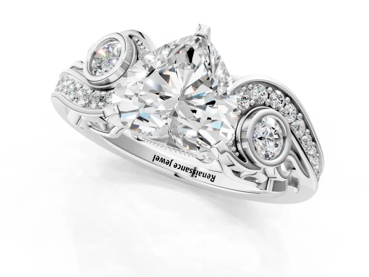 Heart Cut Diamond Solitaire Ring with Milgrain Pavé Band and Four-Prong Setting Silver