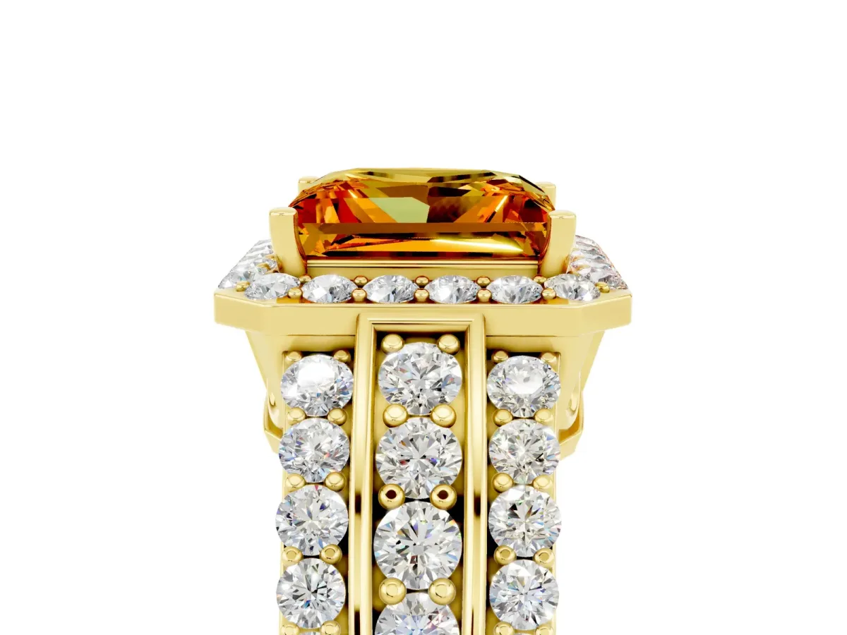 Princess Cut Halo Citrine Ring with Round Split Shank and Prong Setting Yellow gold