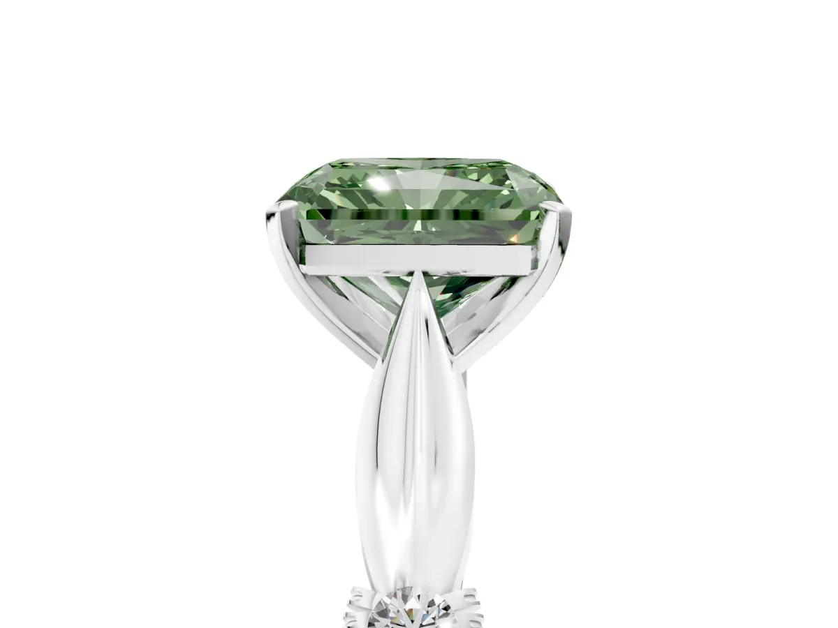 Fancy Green Radiant Cut Solitaire Diamond Twisted Band with Four-Prong Setting Platinum