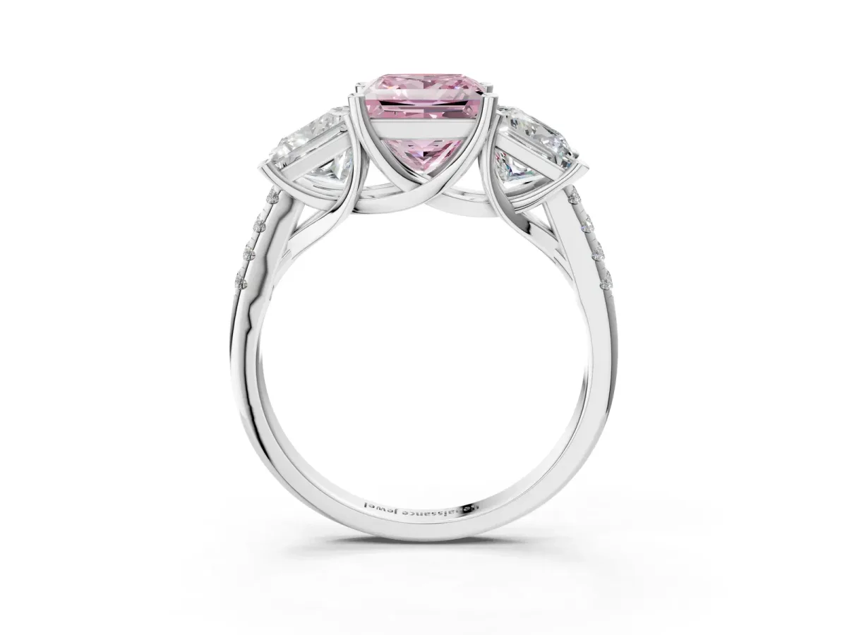 Fancy Pink Three-Stone Princess Cut Diamond Ring with Round Pavé Band and Prong Setting Silver