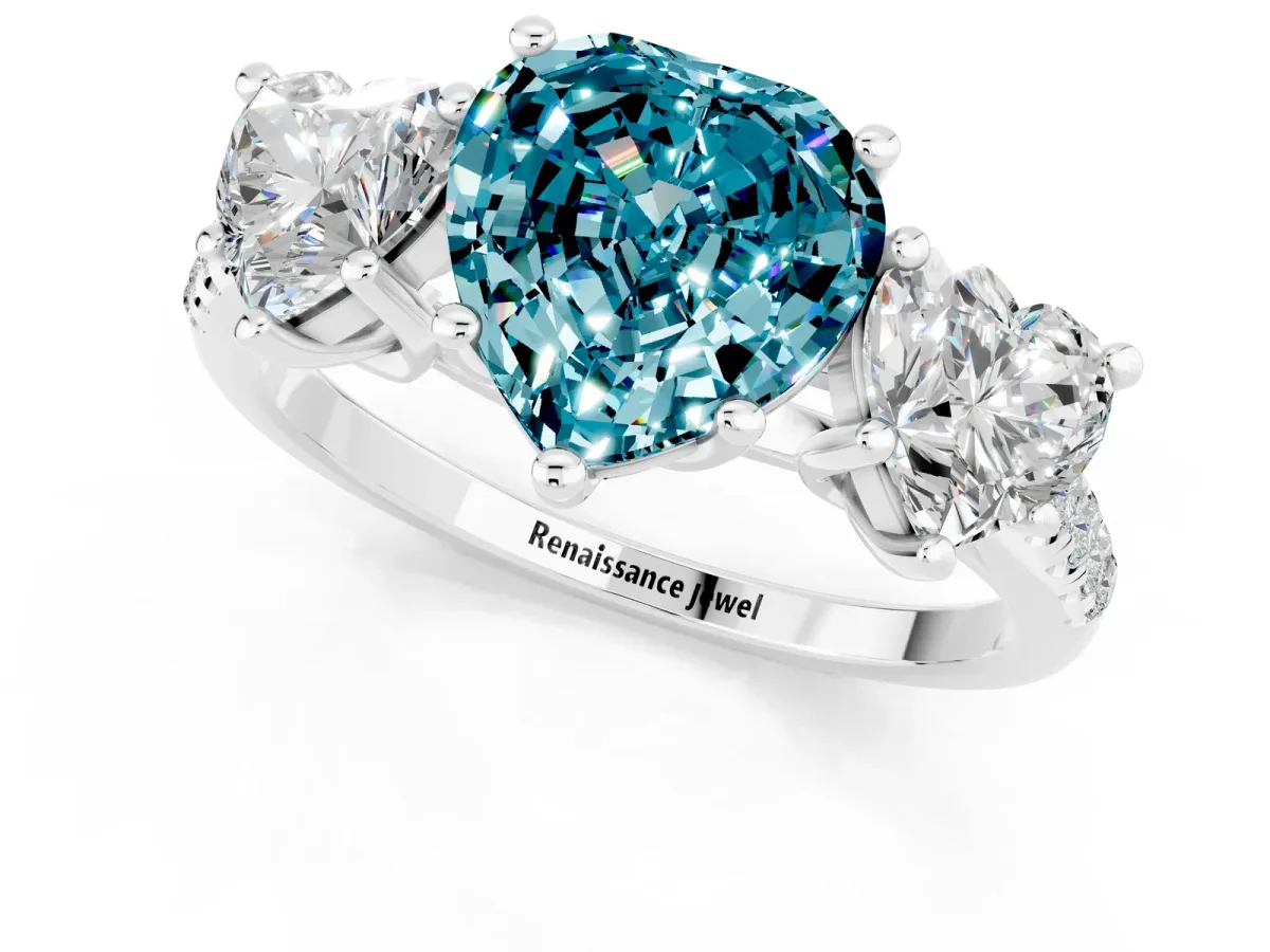 Three-Stone Heart Cut Blue Topaz Ring with Round Pavé Band and Prong Setting Silver