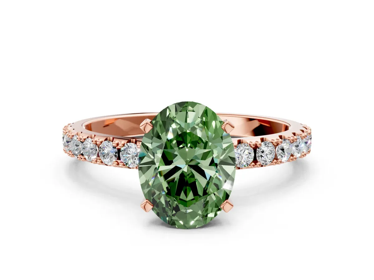 Fancy Green Oval Cut Diamond Solitaire Pavé Band with Four-Prong Setting Rose gold
