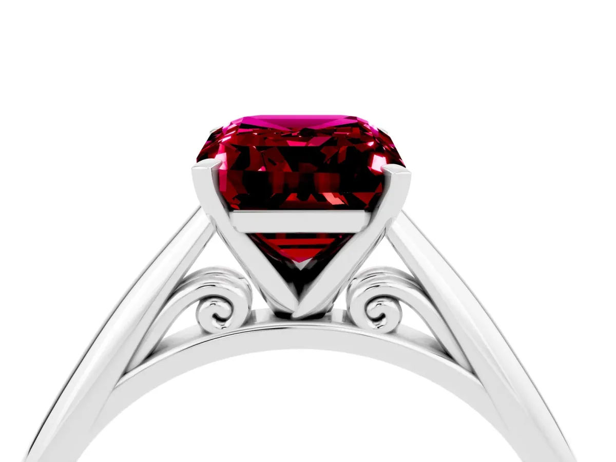 Emerald Cut Garnet Solitaire Engagement Ring with Cathedral Setting and Four-Prong Mount White gold