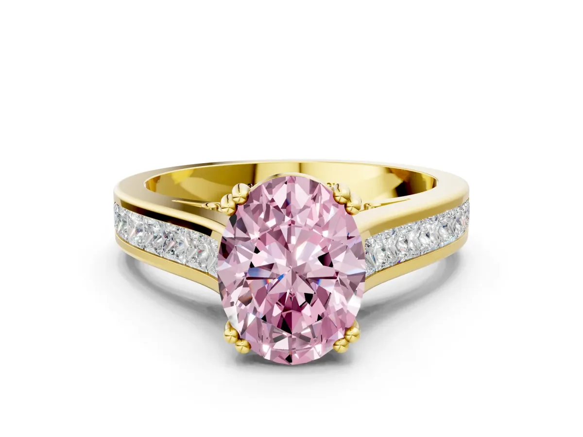 Fancy Pink Oval Cut Cut Channel Set Solitaire Engagement Ring with Prong Setting Yellow gold
