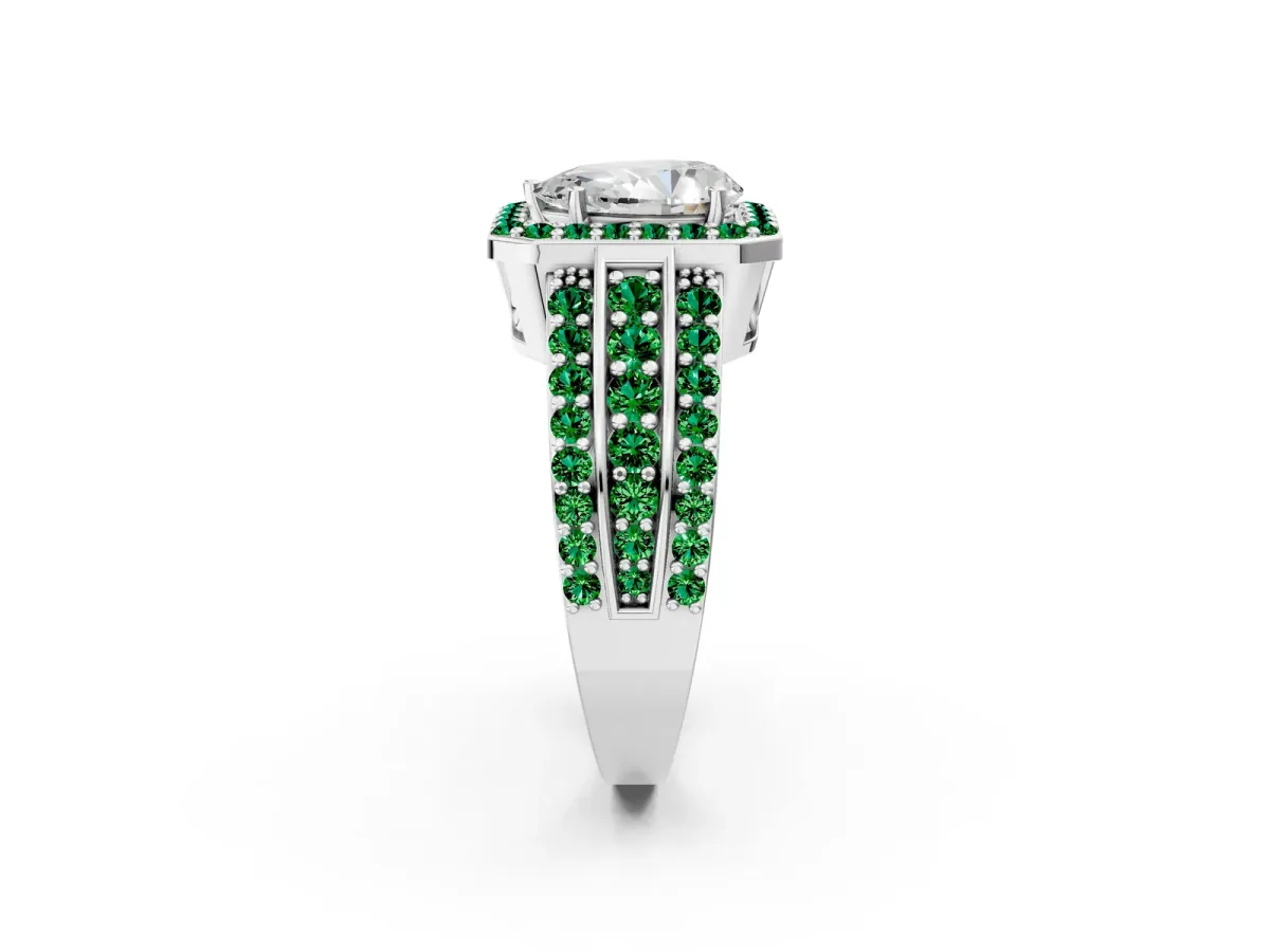 Pear Cut Halo Diamond Ring with Round Emerald Split Shank and Prong Setting Silver