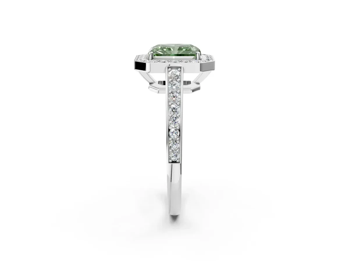 Fancy Green Radiant Cut Halo Pavé Diamond Engagement Ring with Bezel Setting Silver