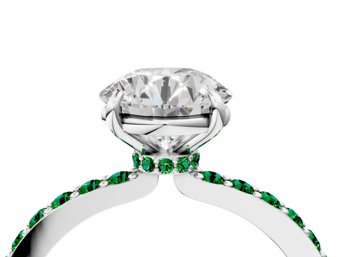 Round Cut Diamond Pavé Engagement Ring with Round Emerald Accents and Prong Setting Silver
