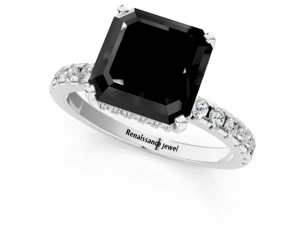 Fancy Black Asscher Cut Diamond Solitaire Ring with Round Pavé Band and Four-Prong Setting Silver