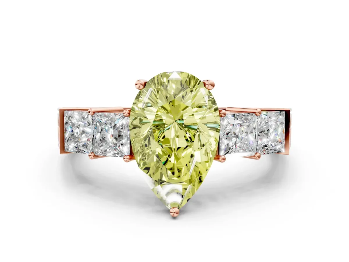 Fancy Yellow Pear Cut Solitaire Princess Side Stone Engraved Band Prong Setting Ring Rose gold