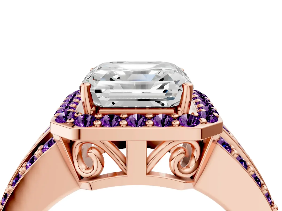 Asscher Cut Halo Diamond Ring with Round Amethyst Split Shank and Prong Setting Rose gold