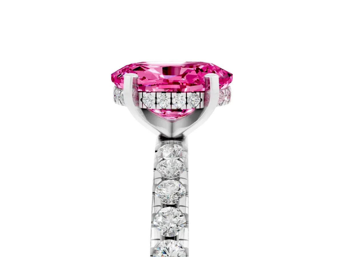 Oval Cut Pink Sapphire Solitaire Ring with Round Pavé Band and Four-Prong Setting Silver