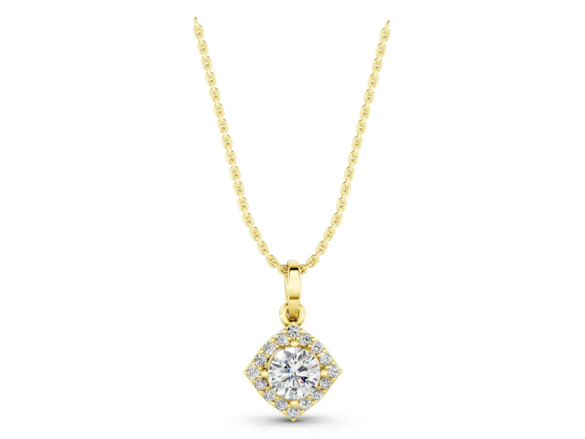 Round Halo Diamond Pendant with Four-Prong Setting Yellow gold