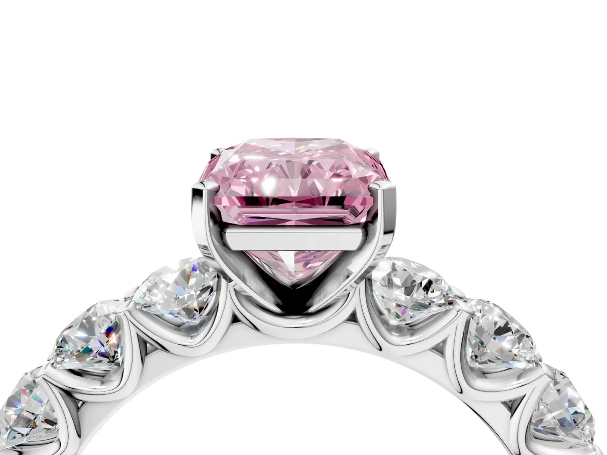 Fancy Pink Radiant Cut Diamond Prong Setting with Side Stones on a Pave Band Silver