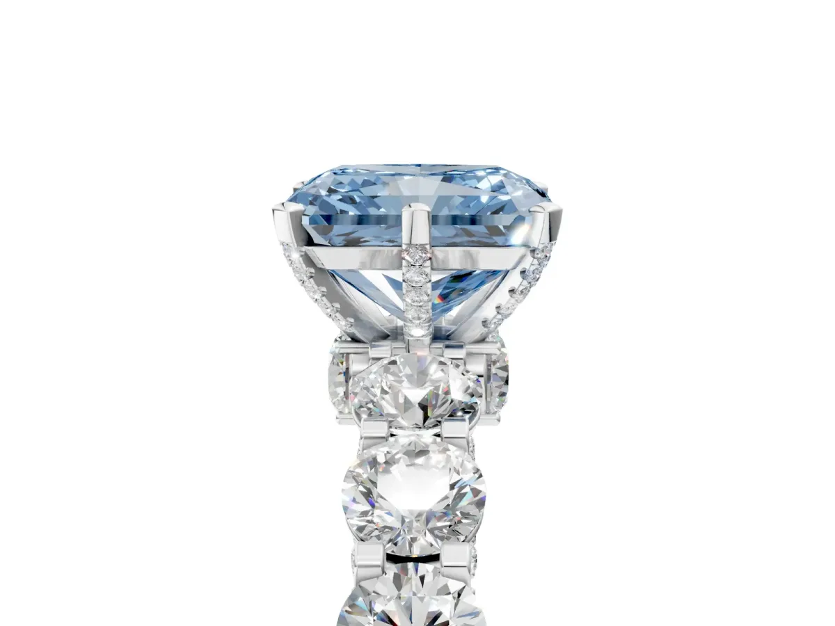 Fancy Blue Radiant Cut Diamond Side Stone Engagement Ring with Four-Prong Setting Silver