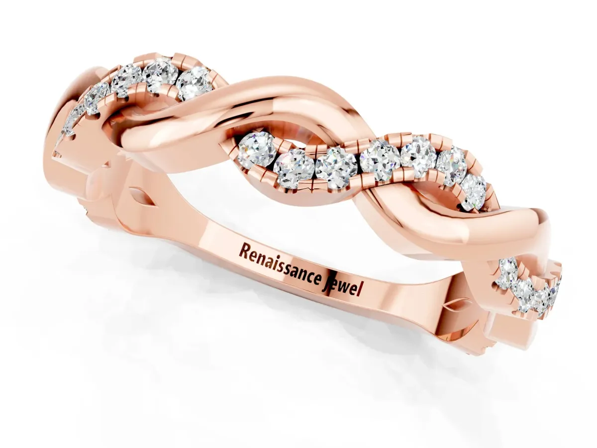 Pavé Round Moissanite Twist Eternity Band with Shared Prong Setting Rose gold