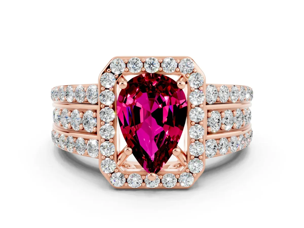Pear Cut Halo Garnet Ring with Round Split Shank and Prong Setting Rose gold